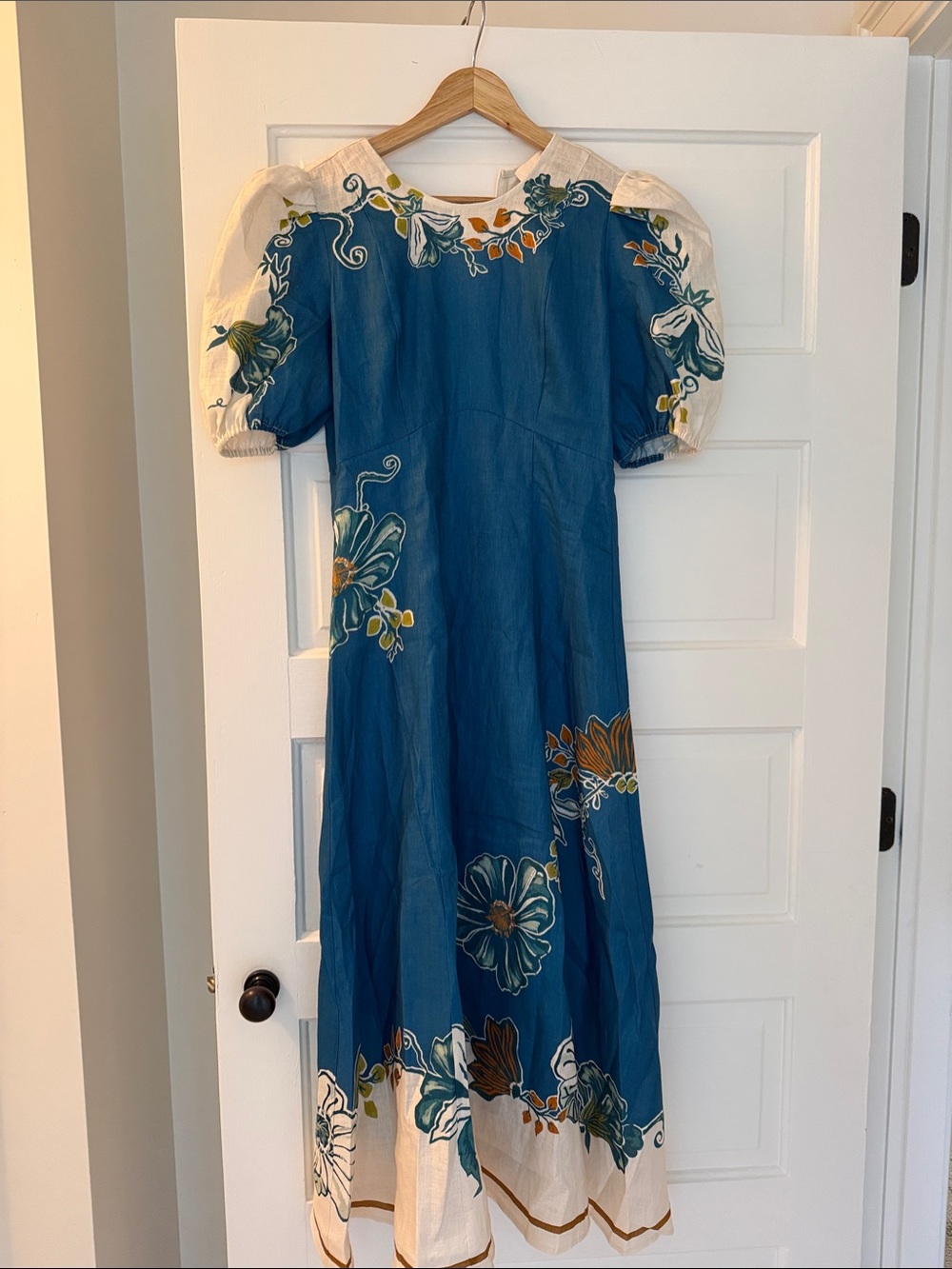 Alemais Teal Blue Floral Midi Dress with Cream Accents
